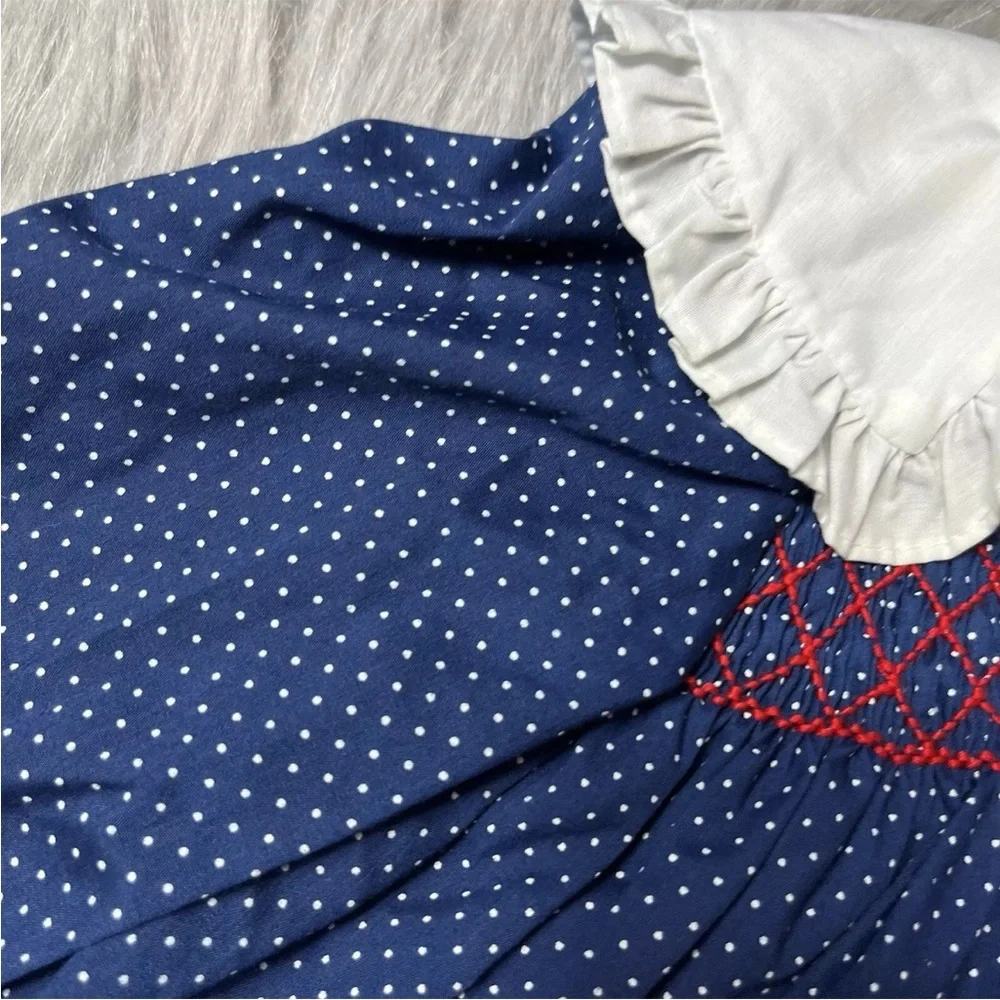 Vintage Polly Flinders Toddler Girls Dress Navy Red White Dot Smocked